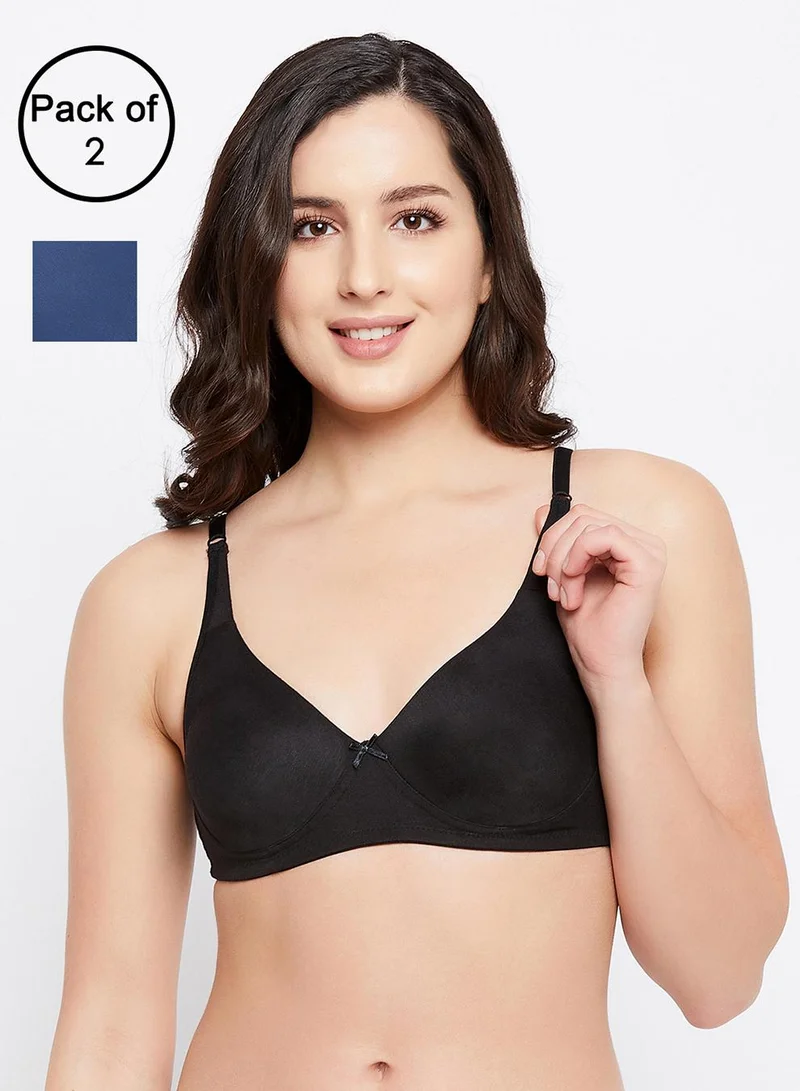 Clovia Non-Padded Non-Wired Full Coverage T-Shirt Bra in Powder Blue & Black - Cotton